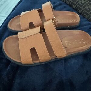 Office Tan Leather Slide Sandals